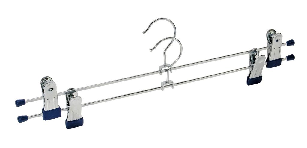 A pair of metal hangers for pants or skirts, with clips.