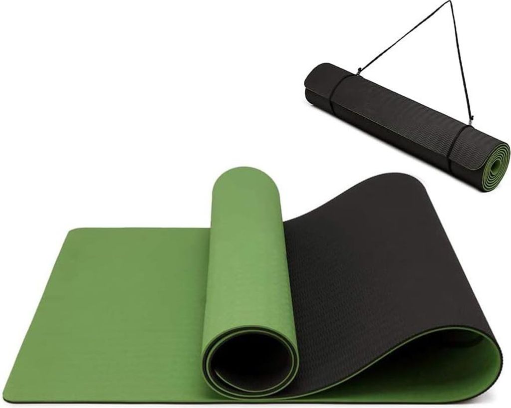 Yogamat Antirutsch umweltfreundliche TPE Sportmatte mit Tragegurt Gymnastikmatte Pilates Workout Fitnessmatte 183 x 61 x 0,6 cm grün-schwarz