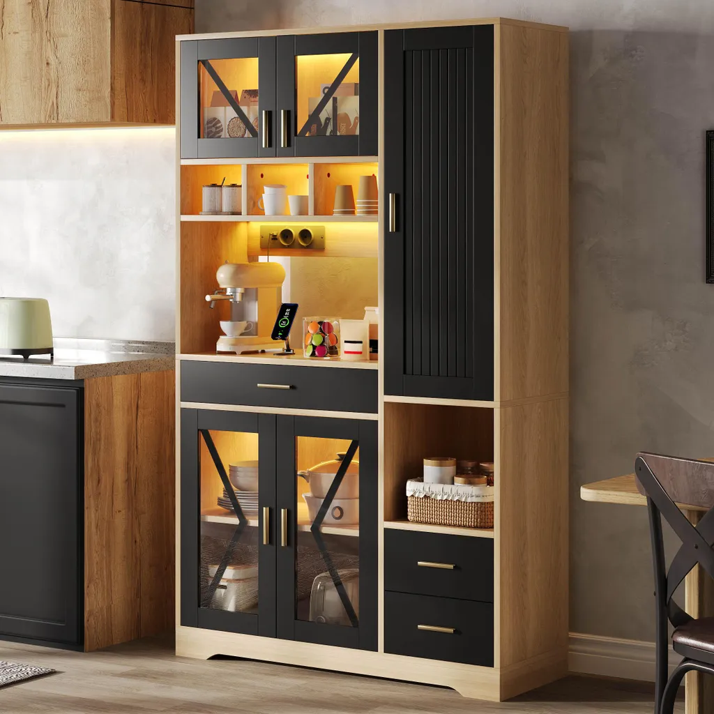 Buffet de Cuisine Noir avec Vitrine LED et Prises Secteur Intégrées - 2