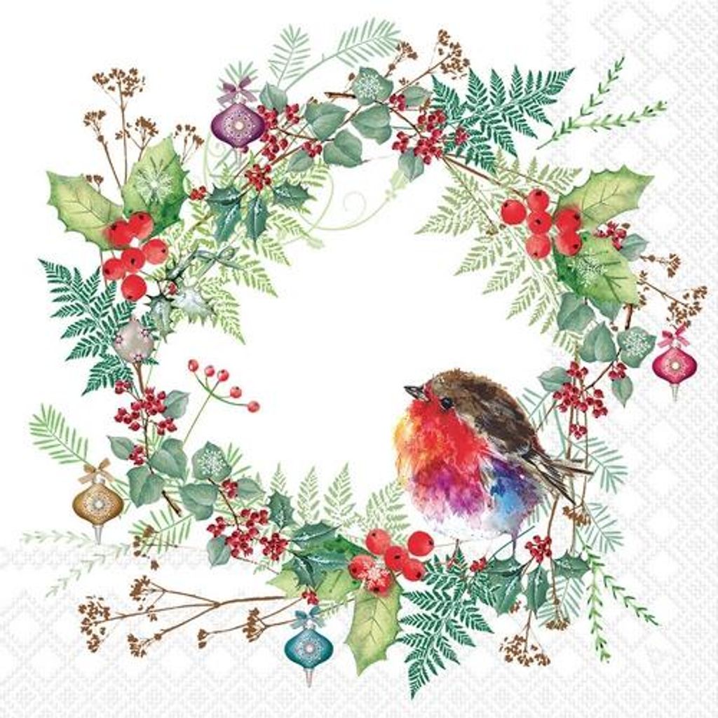 20 Servietten Robins Wreath white - Vrotkehlchen in winterlichen Kranz 33x33cm
