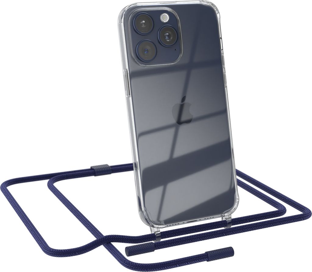EAZY CASE Handykette für Apple iPhone 15 Pro Max, Clear Case aus Silikon, mit Umhängeband, abnehmbare Endstücke, Handyband in Blau