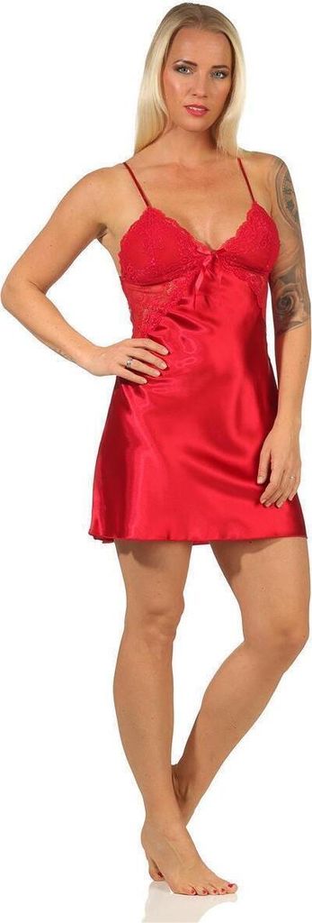 Damen Negligé Satin Nachtkleid Reizwäsche mit Spitze; Weinrot/M