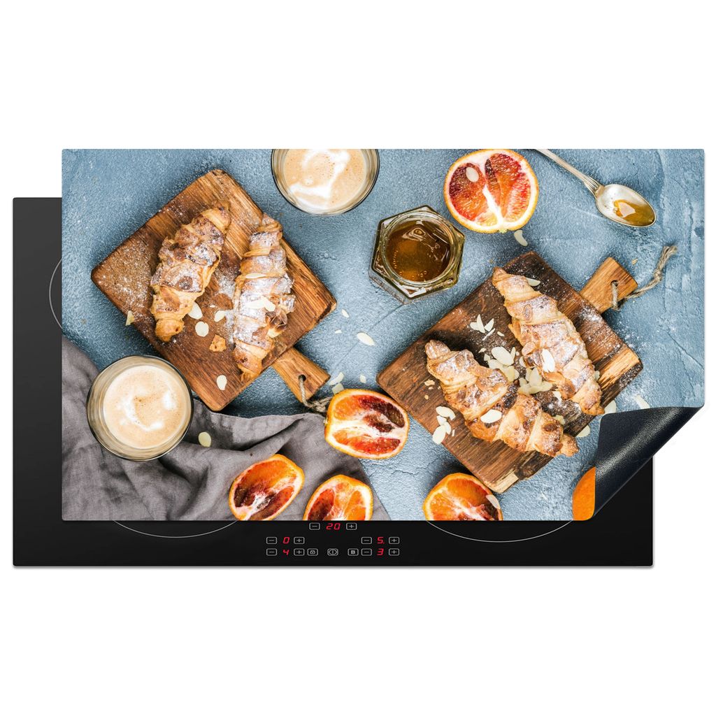 KitchenYeah Herdabdeckplatte Croissant - Obst - Frühstück , 90x52cm, Küche Deko, Glaskeramikkochfeld Herdabdeckung, Abdeckplatte fùr Kochfeld