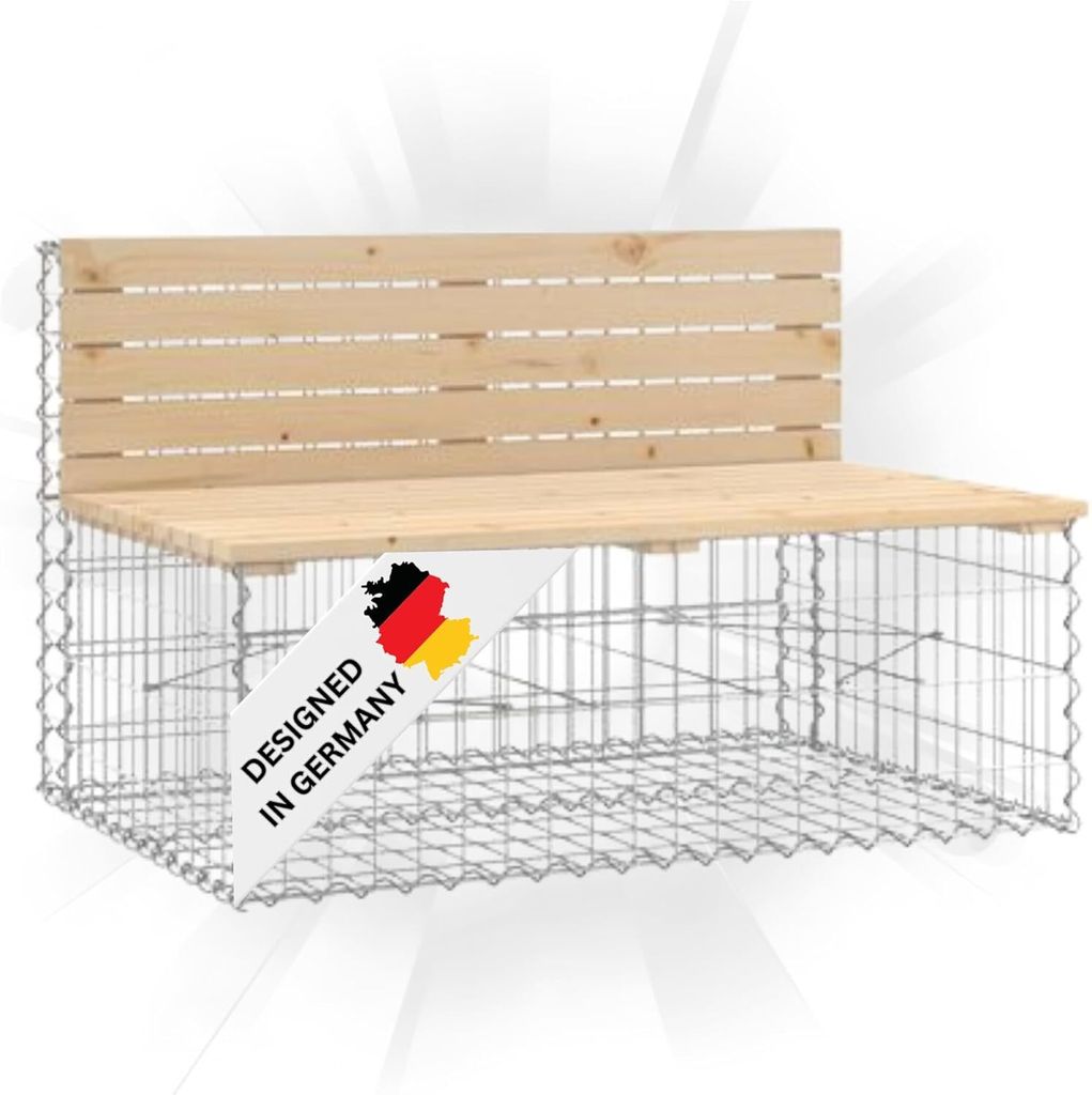 DELUKE Gartenbank Gabionen INO aus Stahl | 103x70x65cm Kiefernholz Natur | Gabionenbank Gartenbank mit Sitzfläche aus Gabionen Steinkorb Gabione...