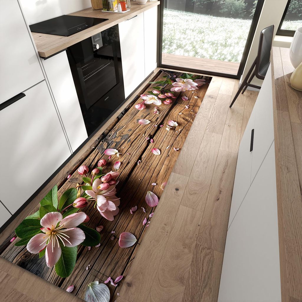 Küchenteppich 80x300cm rutschfest & abwischbar PVC Läufer - Blüten auf Holz