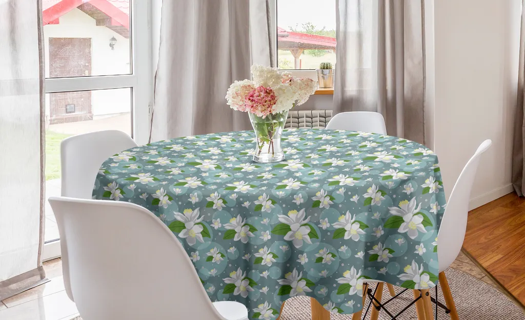 ABAKUHAUS Tovaglia rotonda con motivi floreali, bokeh con fiori di limone, tovaglia circolare per sala da pranzo, decorazione per cucina, 150 cm, blu, grigio, giallo