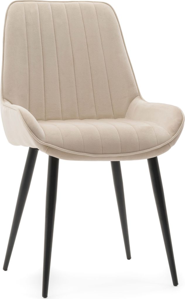 A single beige upholstered chair with black legs is shown against a white background.