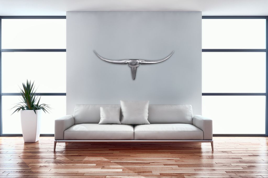 FineBuy Deko Geweih Bull M FB37875 Silber 100 cm Aluminium Hörner Wanddekoration Stierkopf Horn Modern Wandskulptur Geweih-Jagdtrophäe Metall Lon...