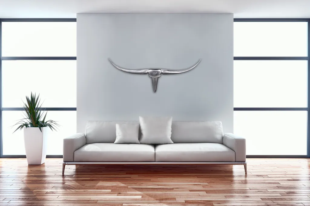 Relooking Mural : Tête de Taureau Argent 100 cm pour Intérieur Chic