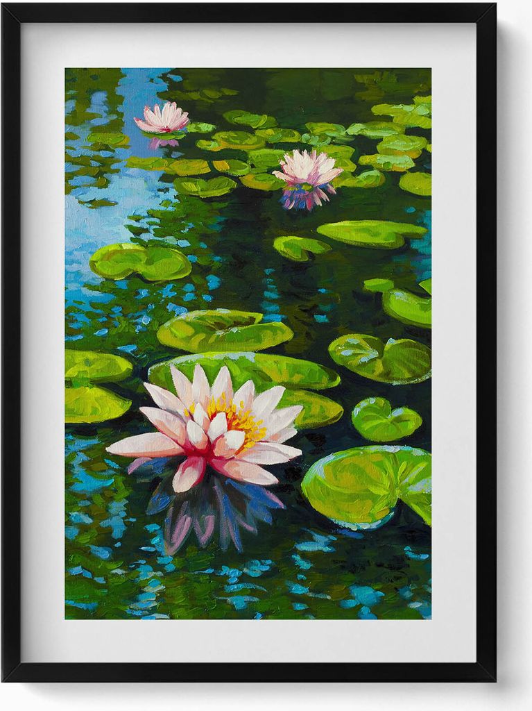 Seerosengemälde– Wandbild mit Rahmen – Gerahmtes Bild – Wanddekoration – 50x70 cm – Schwarz Rahmen