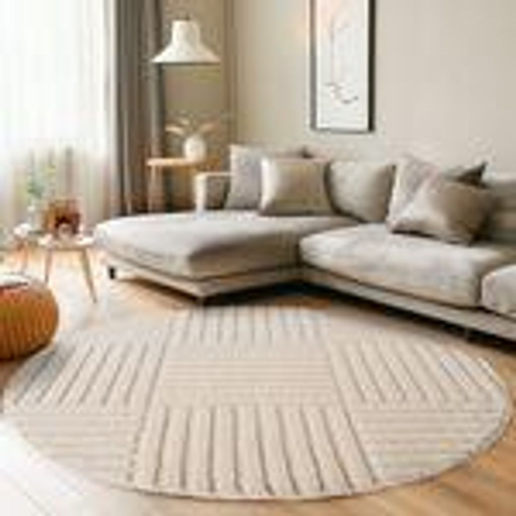 Skandinavischer Boho Wohnzimmerteppich mit Hoch-Tief-Effekt weich pflegeleicht modern langlebig kombinierbar , Größe : 120 cm Rund , Farbe : Creme-2