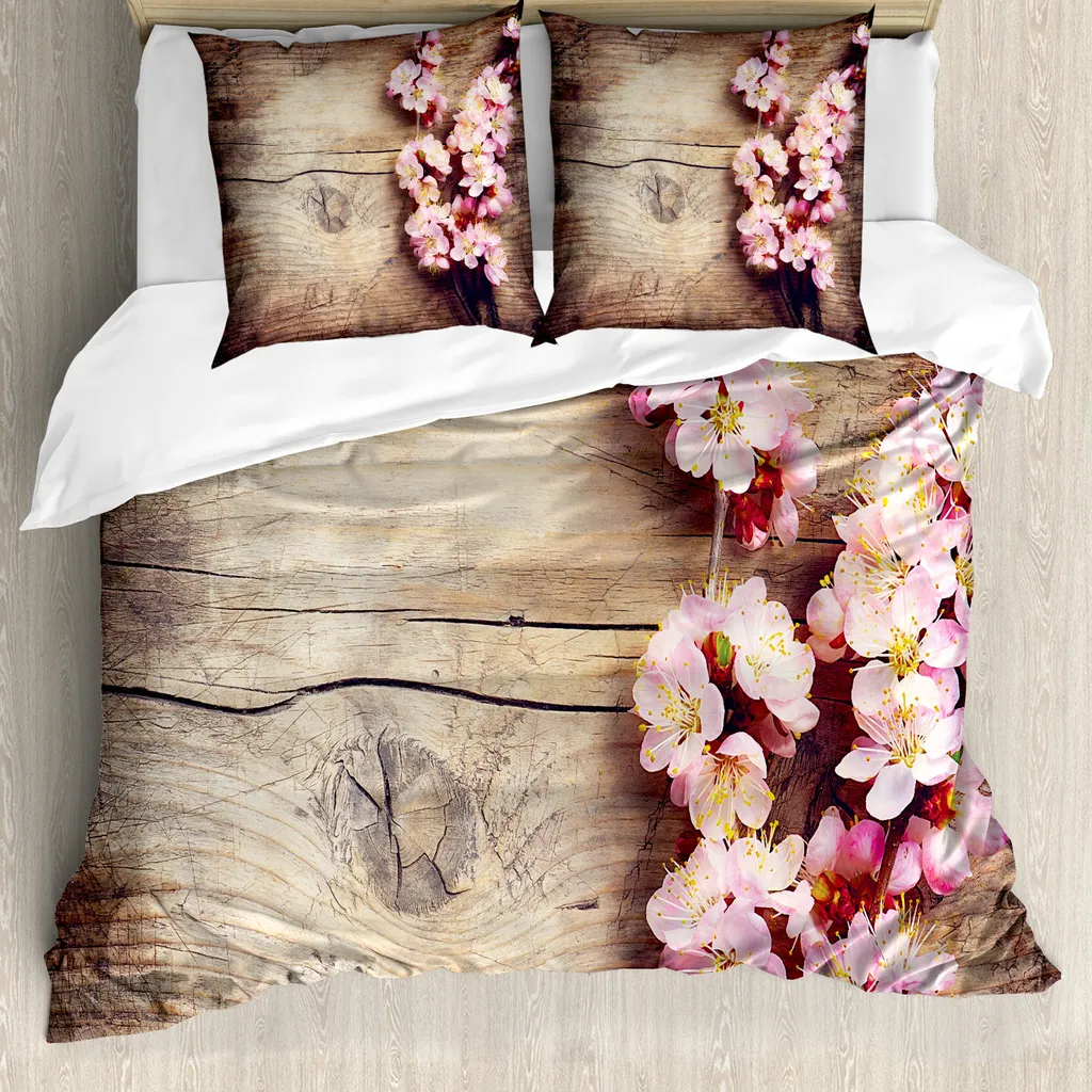ABAKUHAUS Copripiumino con fiori, Spring Blossom su legno, antiacaro, adatto a chi soffre di allergie, con federe, 155 cm x 220 cm - 80 x 80 cm, rosa marrone