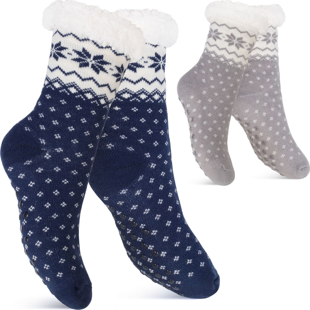 Footstar Damen und Herren Winter Haussocken (2 Paar) Kuschelsocken - Blau-Grau 35-38