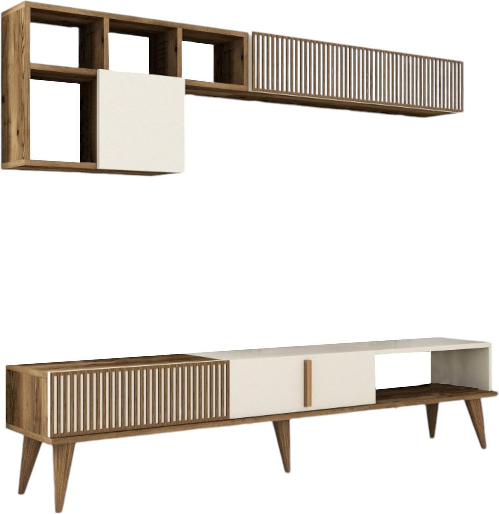 Wohnzimmermöbel Kepler, Modulares Wohnzimmerset, Mehrzweck-Wohnzimmermöbel, Moderner TV-Schrank, 180x35 h40 cm, Walnuss und Creme