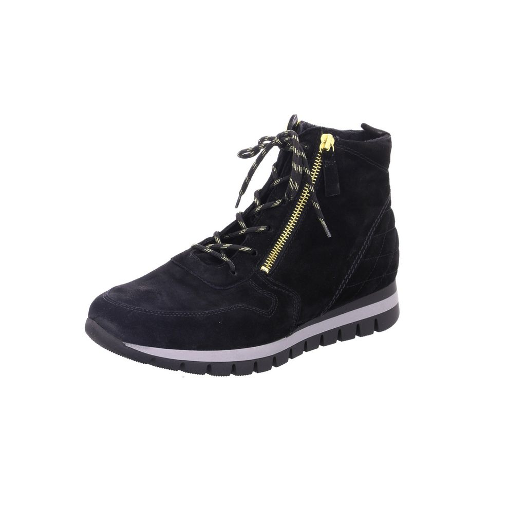 A black leather boot with a zipper and laces on a white background.