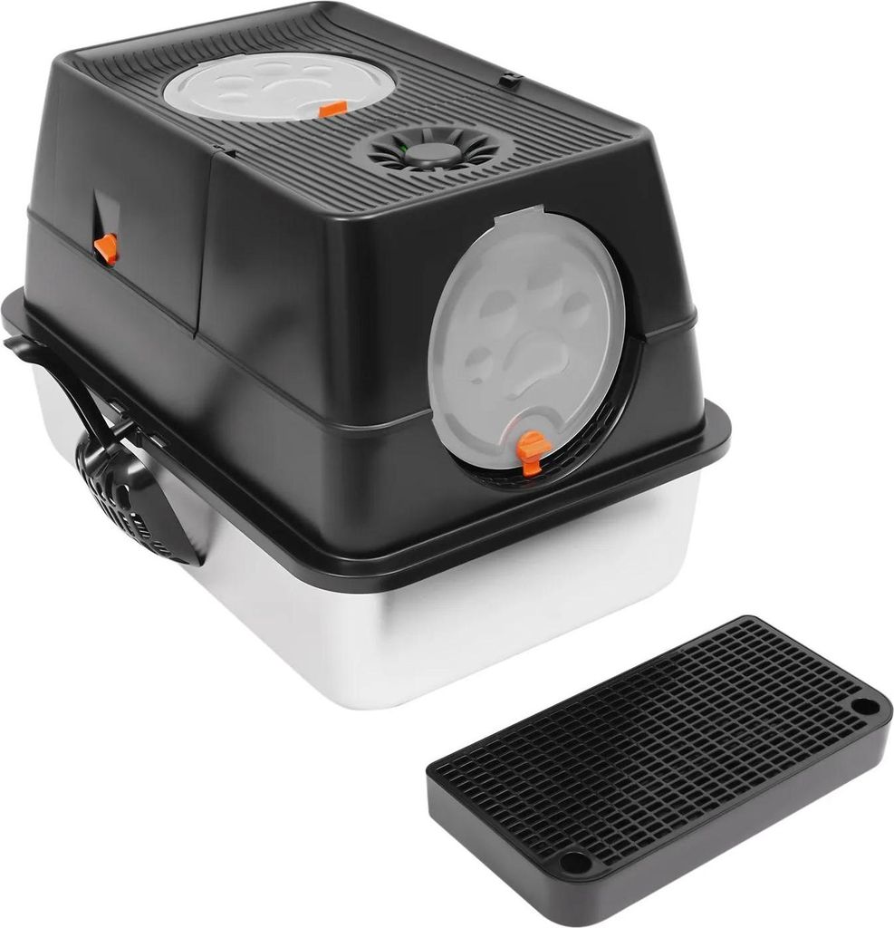 Katzentoilette - Geschlossene Box - Edelstahl - Klappdeckel - 28 L - Für Katzen bis 10 kg - Set mit Kehrschaufel und Bürste - Schwarz