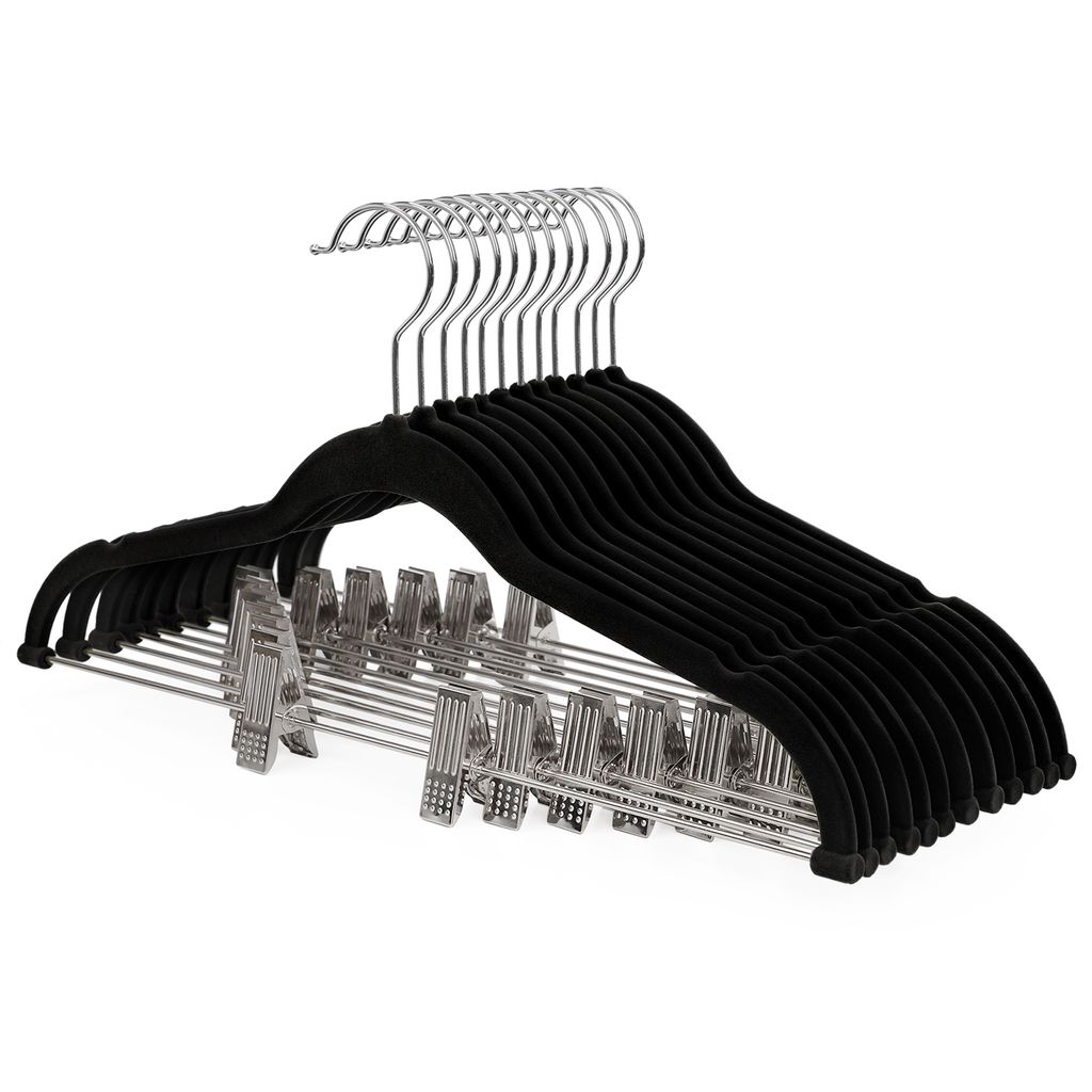 SONGMICS 12 Stück Hosenbügel Kleiderbügel Samt mit Steg und Clips Anzugbügel dünn Rutschfest platzsparend um 360 drehbarer Haken für Anzüge/...