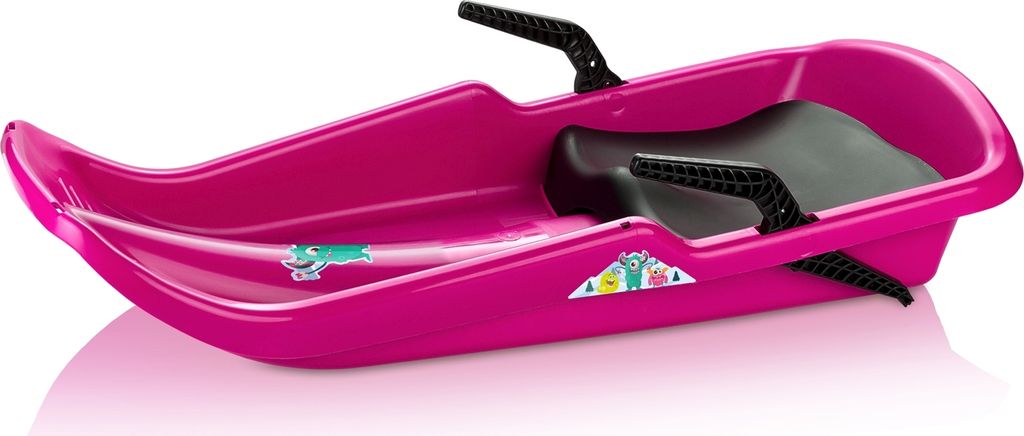 A pink plastic sled with black handles and a gray seat, shown from a slightly elevated side angle against a white background.