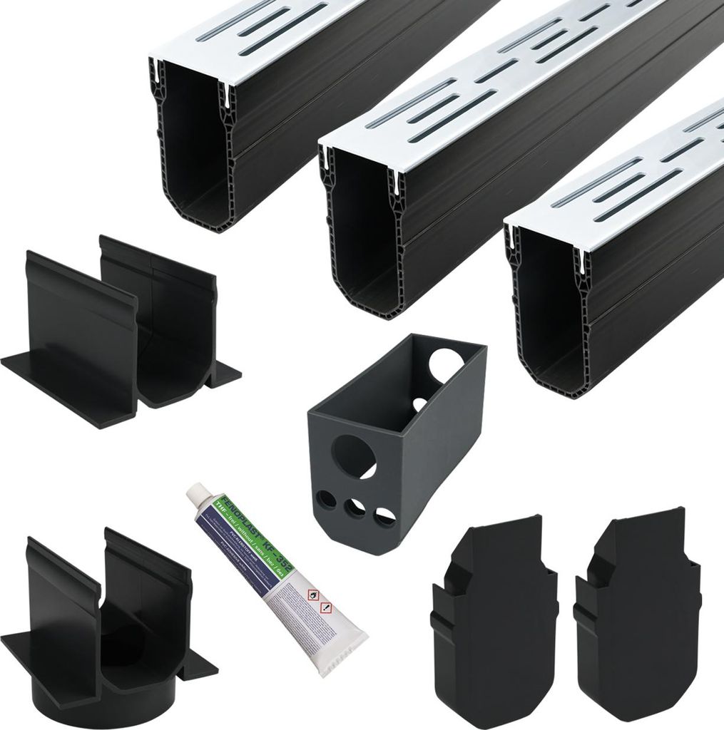 Schmale Entwässerungsrinne Aluminium 3 Meter – Komplettset Produktbild 