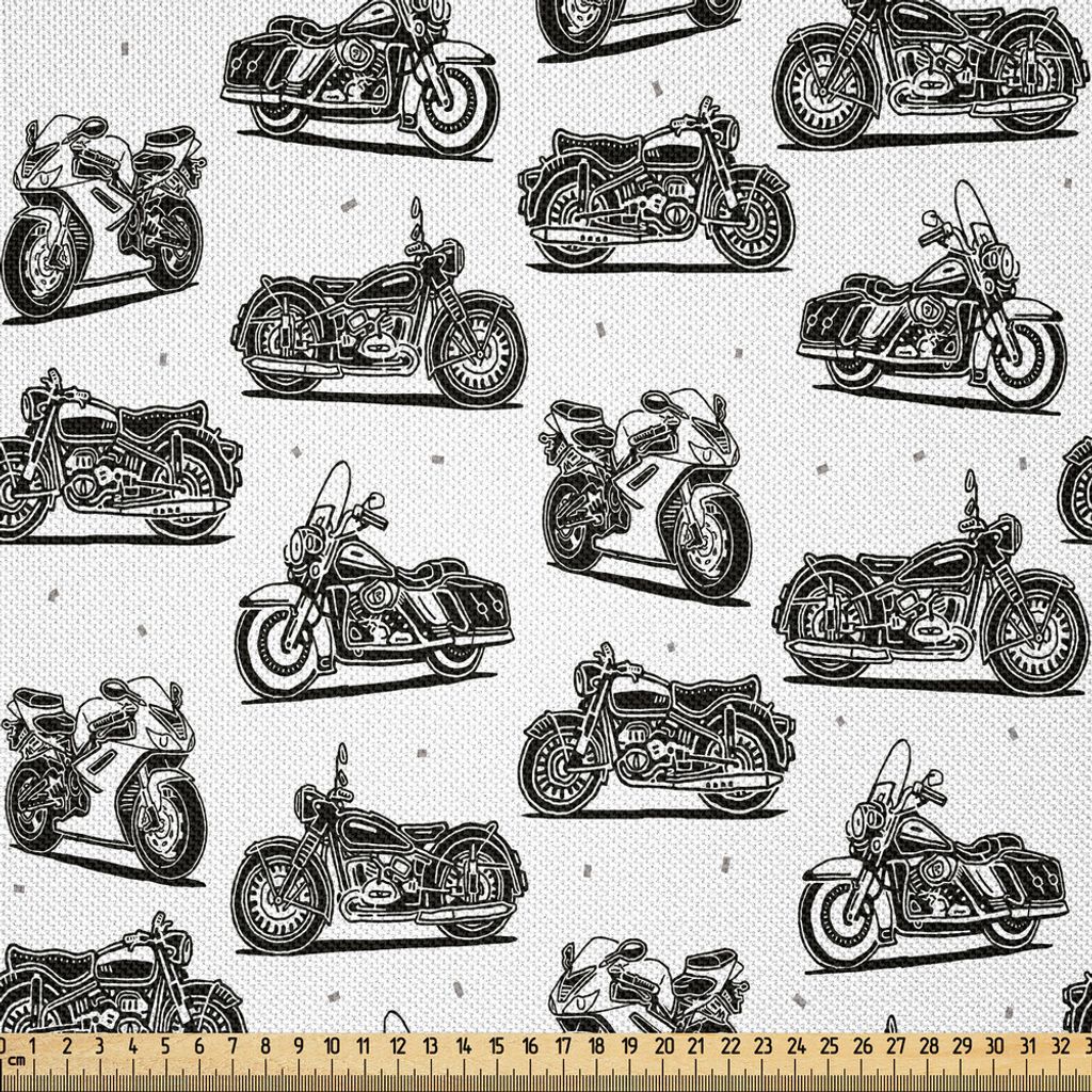 ABAKUHAUS Motorrad Satin Stoff als Meterware, Retro- Motorrad-Zeichnungen von altmodischen und modernen auf weißem Hintergrund, 3 M (148 x 300 cm)...