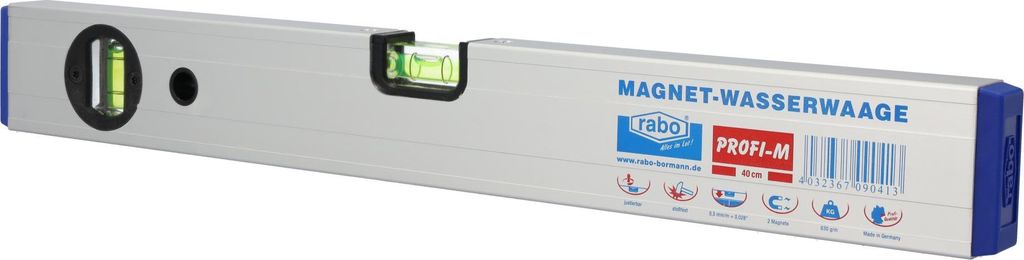 rabo Alu-Magnet-Wasserwaage 40 cm Wasserwaagen für präzises horizontales und vertikales Messen 'Profi-M'