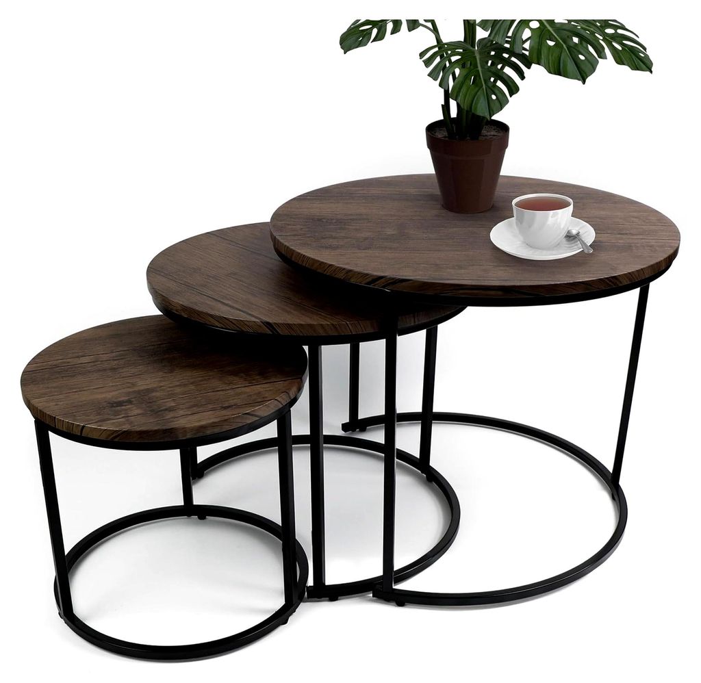 Runde Beistelltische in moderner Holzoptik mit Metallsockel, Couchtisch für kleine Räume, Nachttisch für Wohnzimmer, Schlafzimmer und Balkon, Sc...