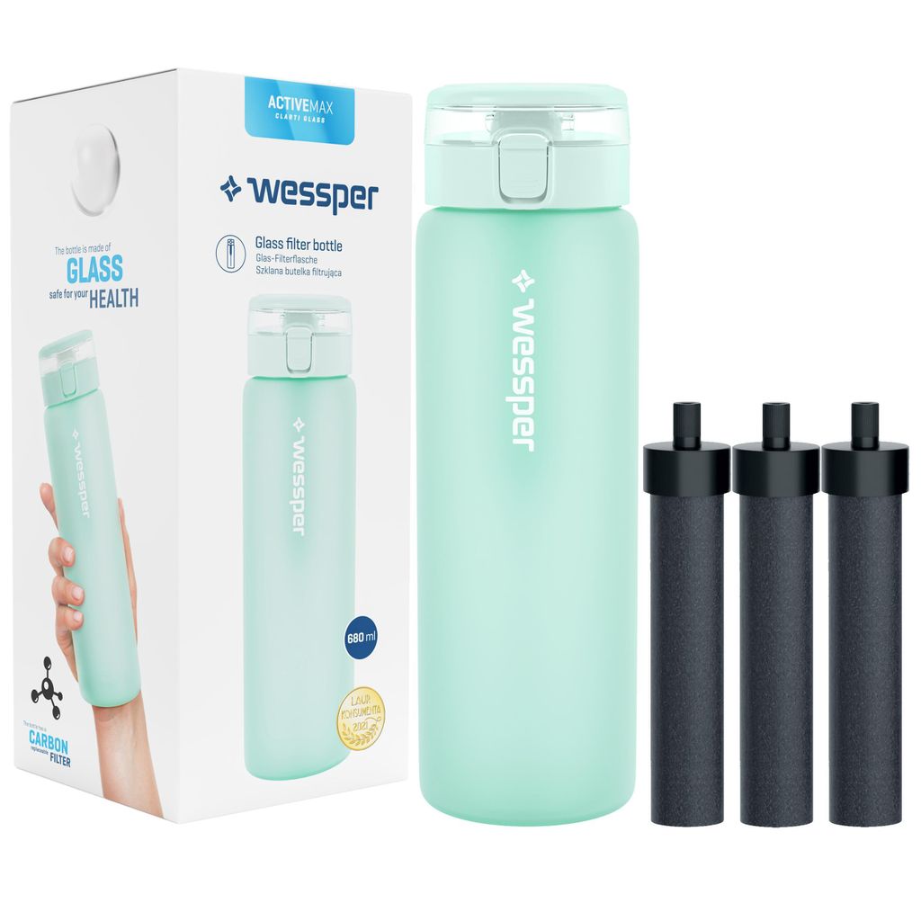 Wessper ActiveMax Clarti Glasfilterflasche 680ml Minze + 3x Produktbild 