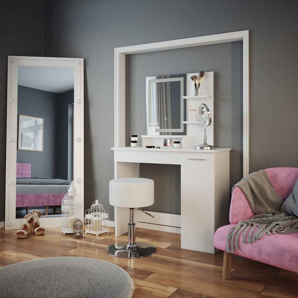 Vicco Schminktisch Julia, 90 cm mit LED-Spiegel und Hocker, Weiß