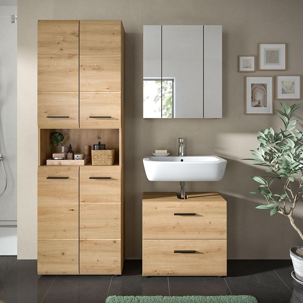 Badmöbel-Set 3-teilig in Eiche, inkl. Spiegelschrank - IGGESUND-158