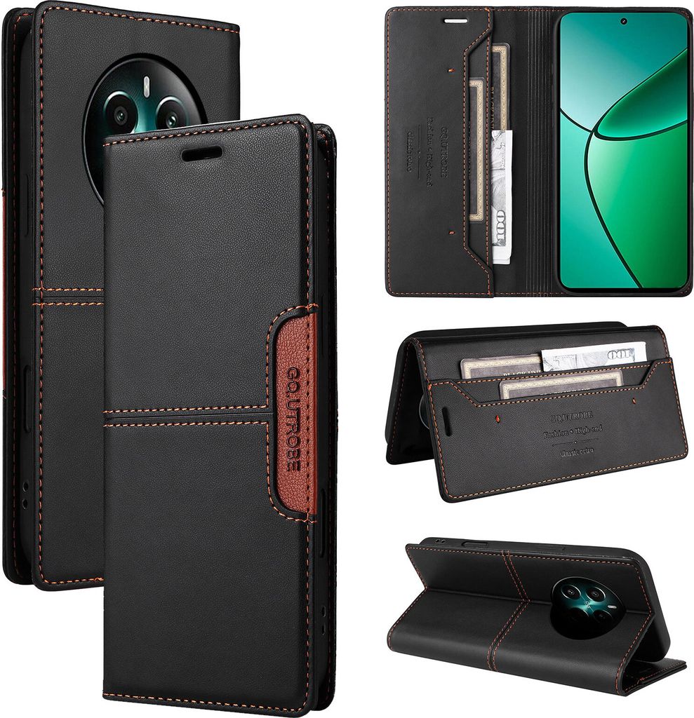 Handyhülle für Realme 12+/Realme 12 4G/Realme 13 4G Hülle, Leder Flip Wallet Kartenfach Stand Schutzhülle Schwarz