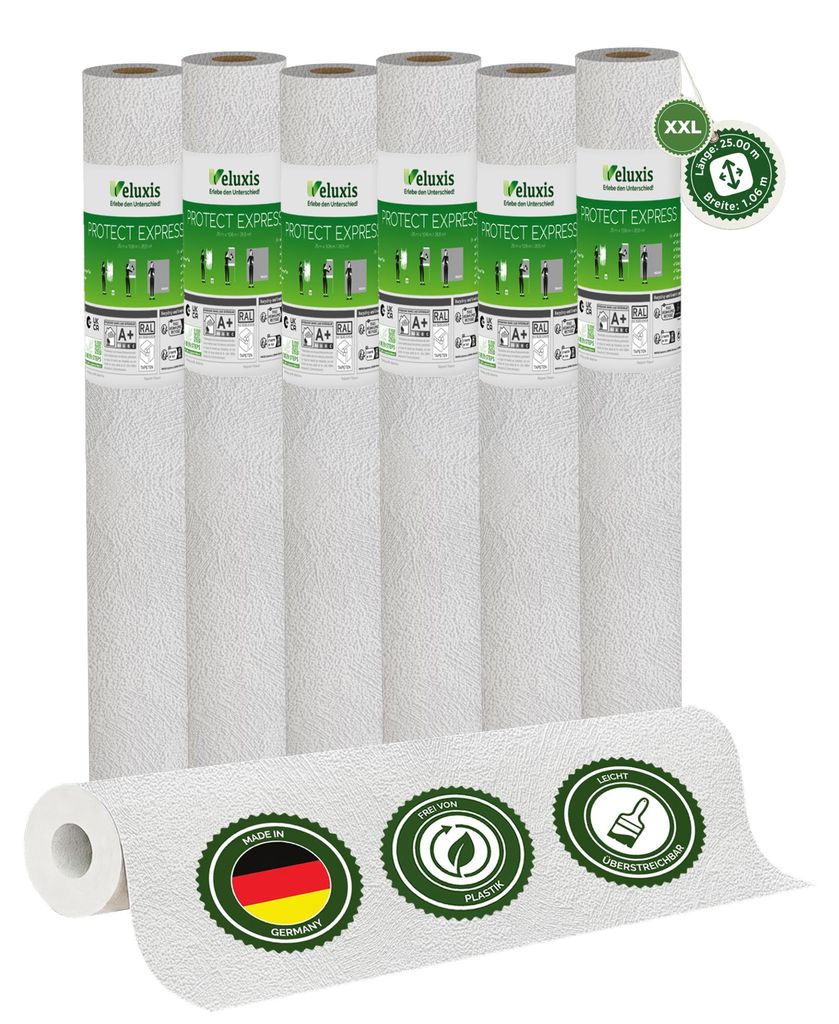 Vliestapete Vliestapete weiß – PROTECT Gewischte Putzstruktur 6er Set, 6 x 25,00 m x 1,06 m, kratz- & stoßfest, rissüberbrückend, leicht zu r...