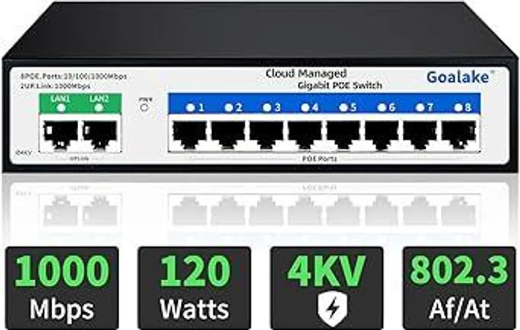 Switch Poe+ Gigabit 10 porte, switch Gigabit Ethernet nel cloud, 8 porte Poe a 120 W, 2 uplink Gigabit, 802.3af/at, app facile da gestire, rilevamento cloud, Vlan, riavvio cloud, 250 m