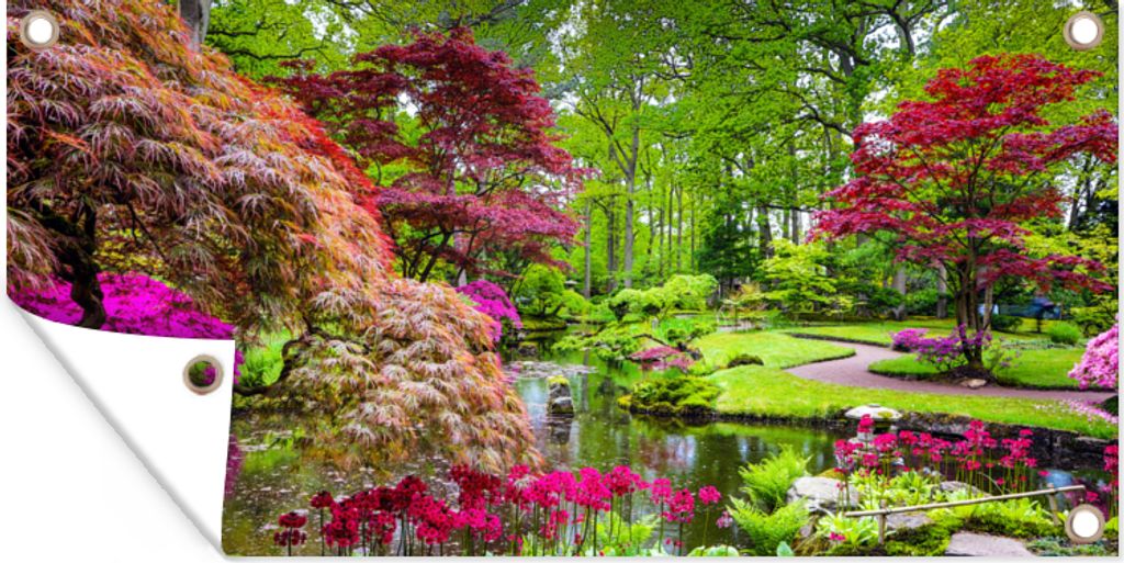 MuchoWow 60x30 cm Outdoor-Poster Gartendeko Sichtschutz Garten Poster für den Garten Bäume - Blumen - Japanisch - Natur - Wasser