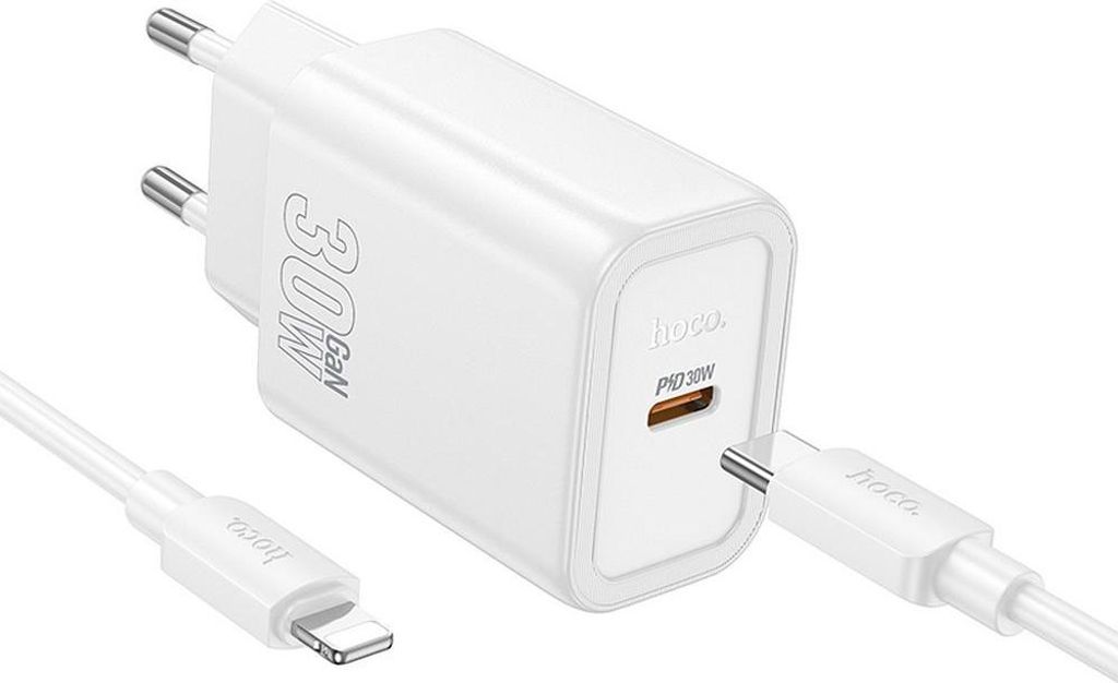 Handy-Ladegerät Hoco USB C QC PD 30W + Kabel USB C zu Lightning N62 weiß