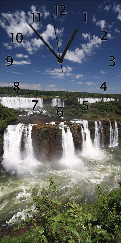 Wallario Design Wanduhr bedruckt, Größe 30 x 60 cm, Motiv: Iguazu-Wasserfälle