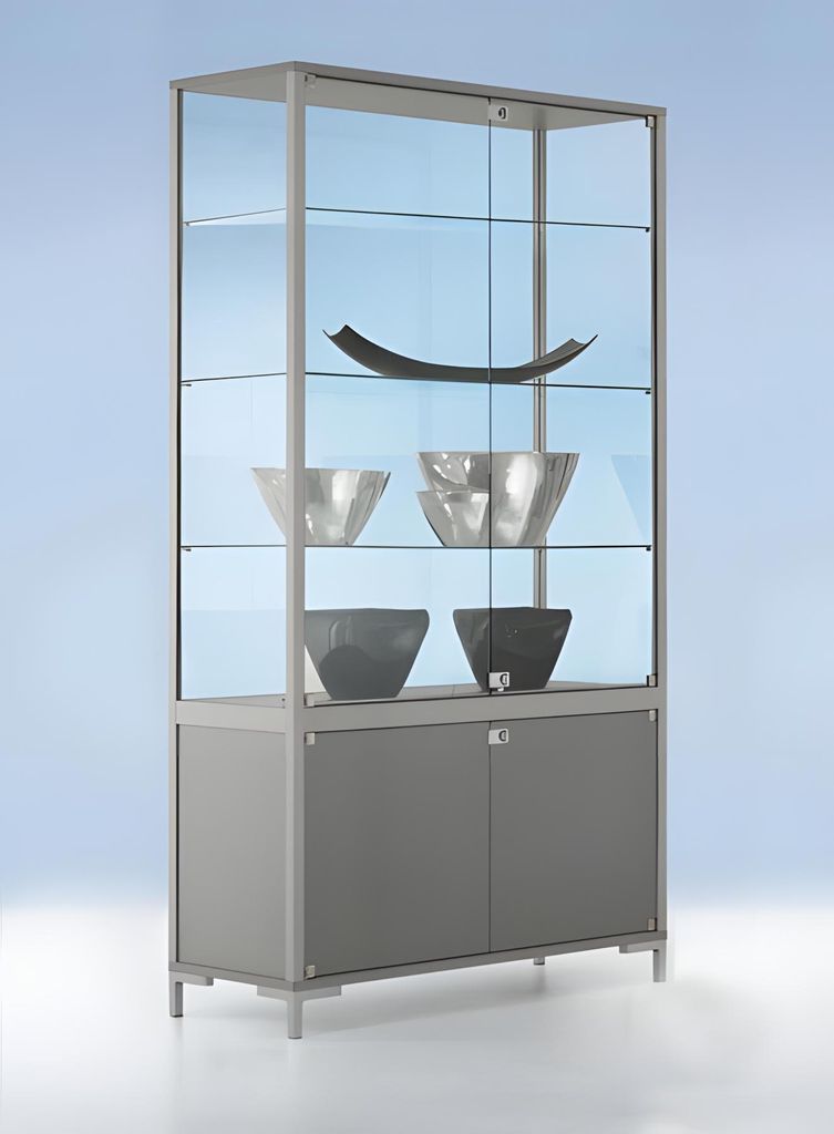 Staufachvitrine, BxTxH 1000x400x1860 mm, Aluprofile, 3 Böden, Staufach H 470 mm, Flügeltüren, Füße silber