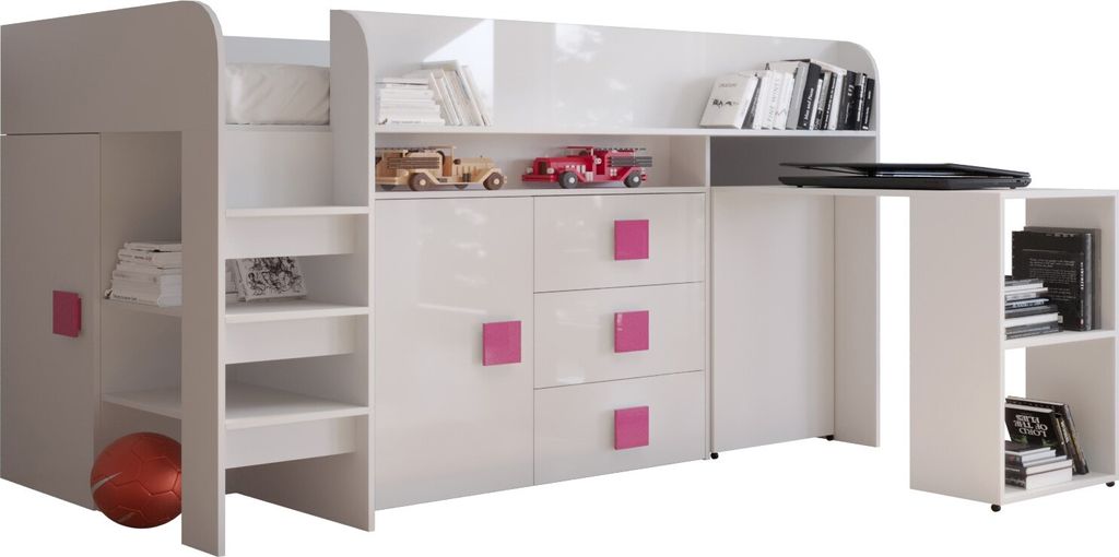 Etagenbett für Kinder Toledo 1 Stockbett mit Treppe und Bettkasten (Weiß + Weiß Glanz + rosa Griffe)