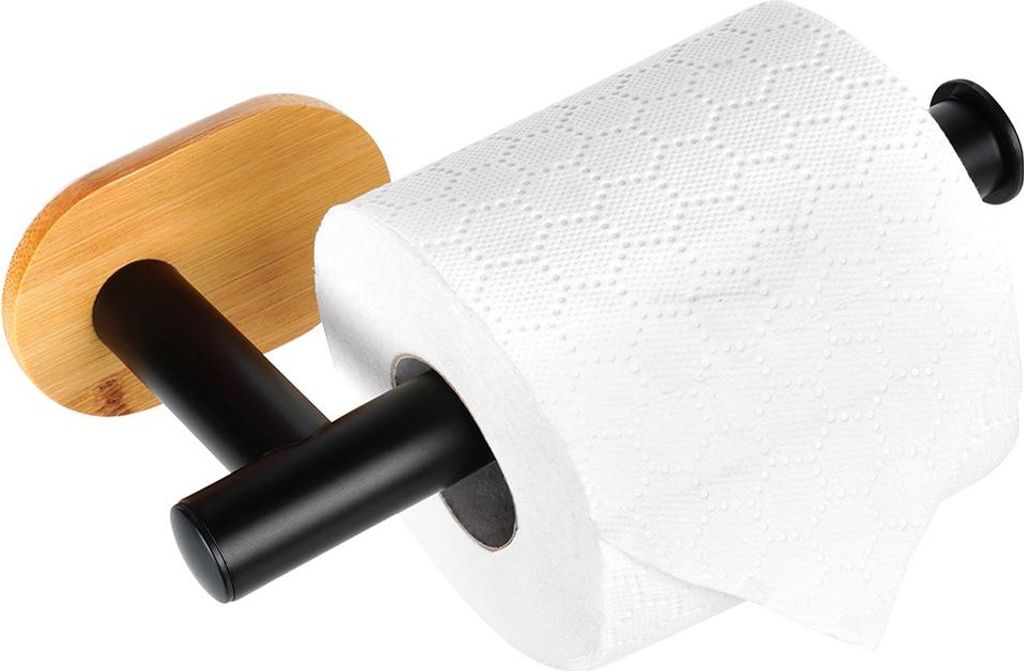 Vilde | Toilettenpapierhalter - 17 cm - Schwarz mit Bambus - Modernes Design - Einfache Montage