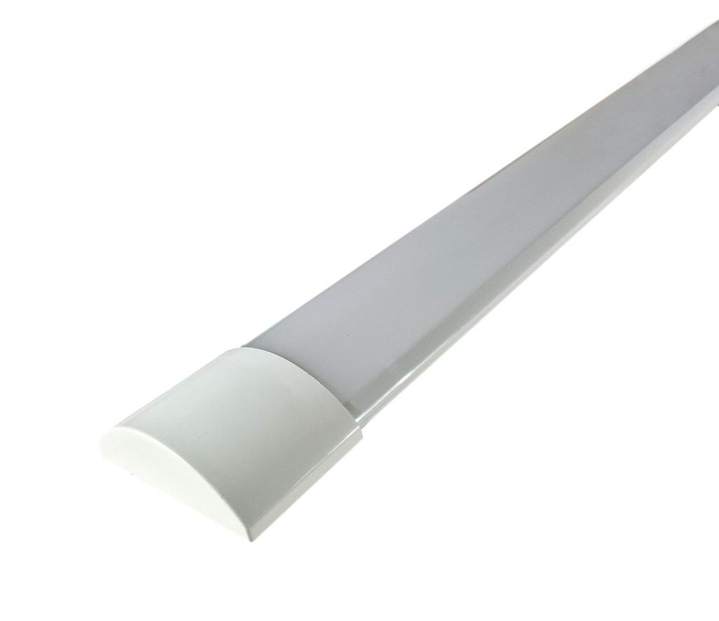 A close-up, angled view of a white LED light fixture against a white background.