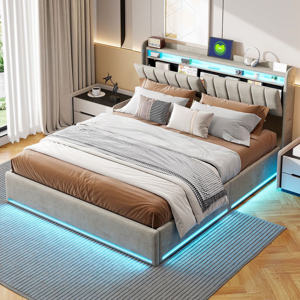 ProximaX Luxus Samt Polsterbett 140x200 cm in Grau – Doppelbett mit LED-Beleuchtung am Kopf- & Bettgestell, Gasdruck-Speicherbett mit Stauraum