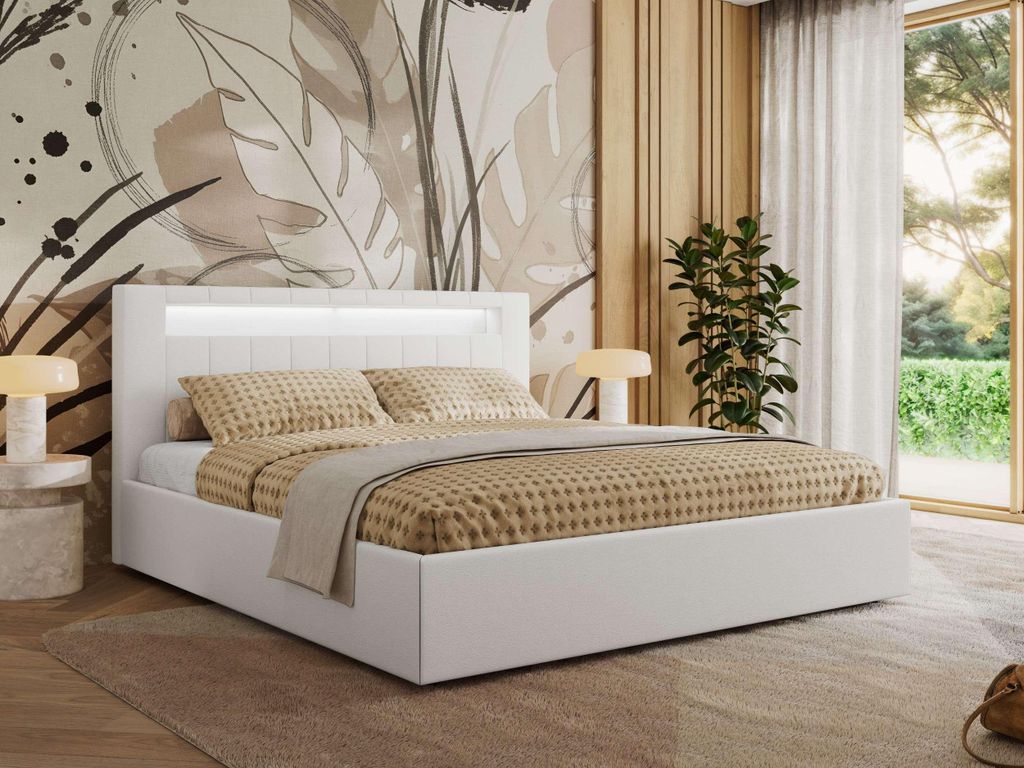 MKS MEBLE Polsterbett Doppelbett mit Holzlattenrost GOLD 5 CLASSIC Bettkasten LED Beleuchtung Gasdruckfeder 200x200 - Weiß Kunstleder