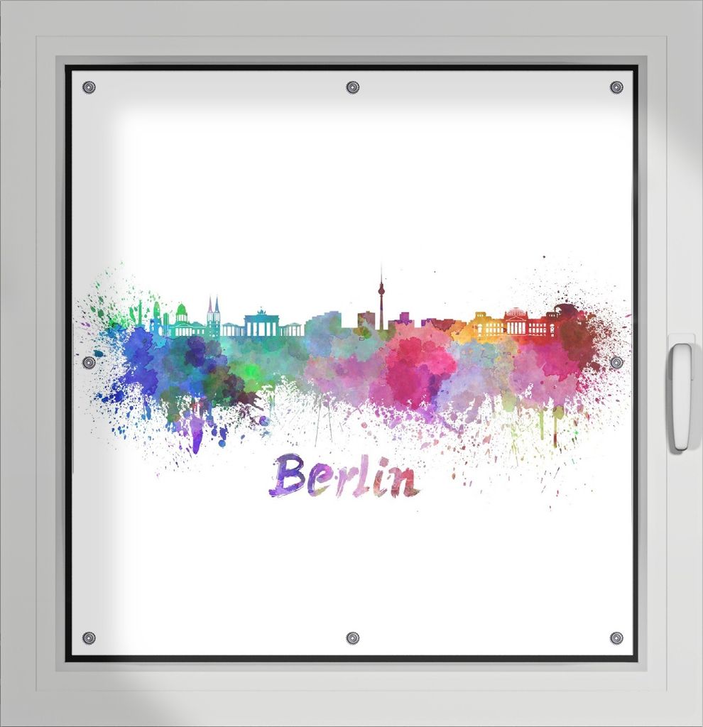 Wallario Lichtschutzbild, Dekorativer Sichtschutz Sonnenschutz 96 x 100 cm mit Motiv: Städte als Aquarell - Skyline von Berlin - Verdunklung ohne ...