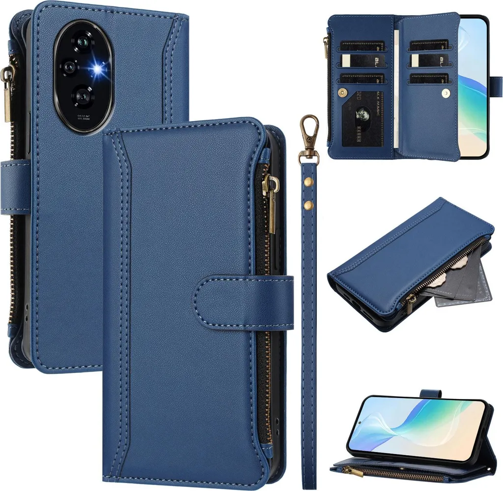 Cover Honor 200 Blu Flip Case Portafoglio con Zip e Supporto