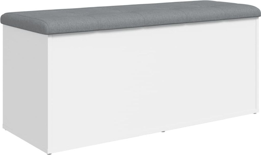 A white storage ottoman with a gray fabric lid.