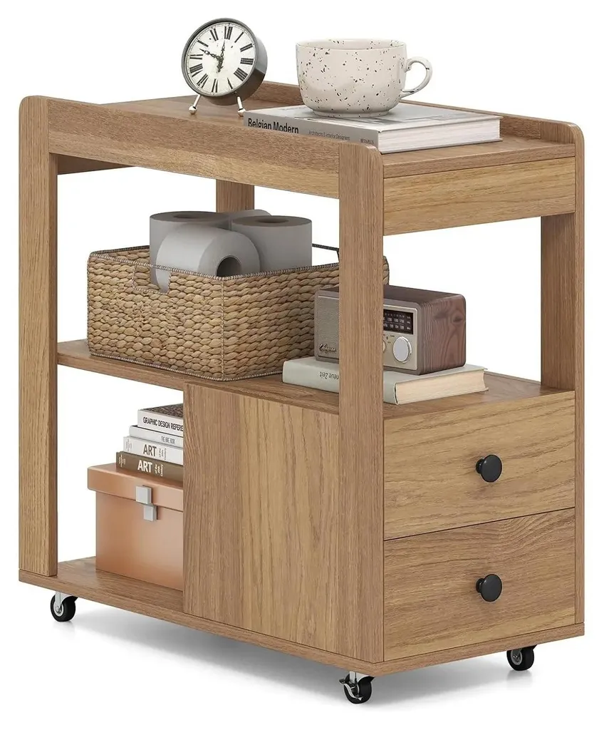 Meuble imprimante kaki avec 2 tiroirs de rangement et tablettes modulables