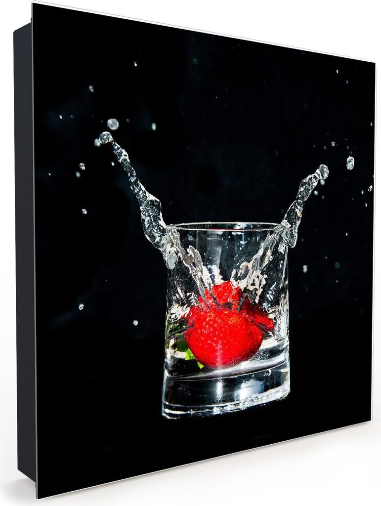 Nachbildung-Schlüsselkasten, Magnetpinnwand und Memoboard mit Glasfront Motiv Erdbeere in Wasserglas