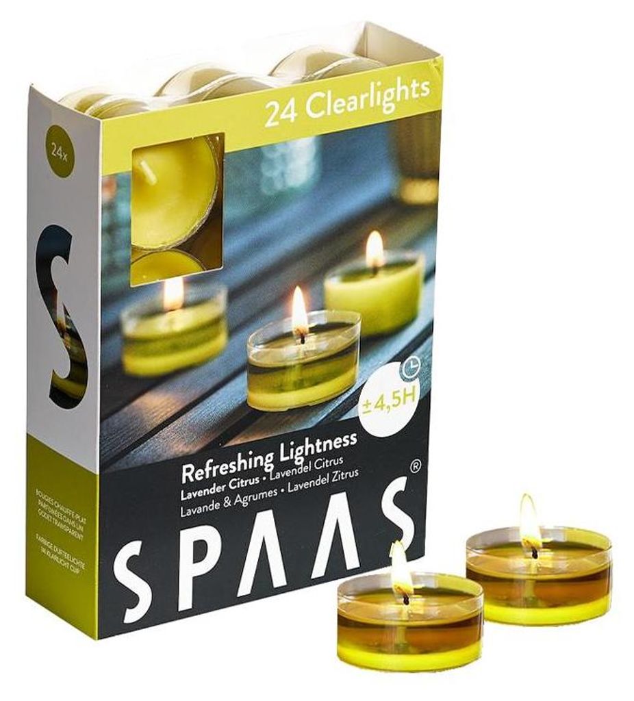 Spaas 24 Duftenden Clearlights, Teelichter mit durchsichtigem Halter, ± 4,5 Stunden - Refreshing Lightness, Herbst Gelb