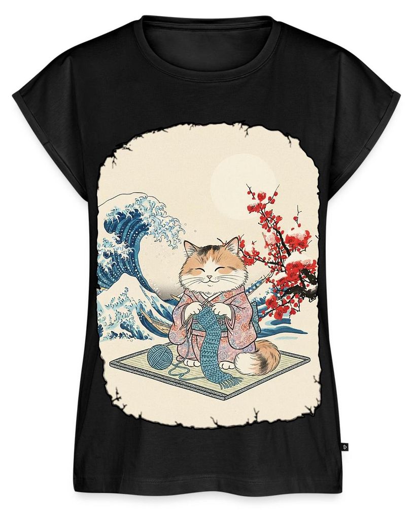 Spreadshirt Strickende Katze | Japanische Katzenkunst Frauen Casual T-Shirt, XS, Schwarz