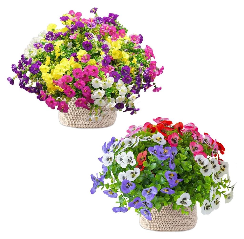 12 künstliche Blumensträuße für draußen, Balkon, wetterfeste Seidenblumen, sehen aus wie echte Balkonpflanzen, Plastikblumen, Blumen zum Einst...