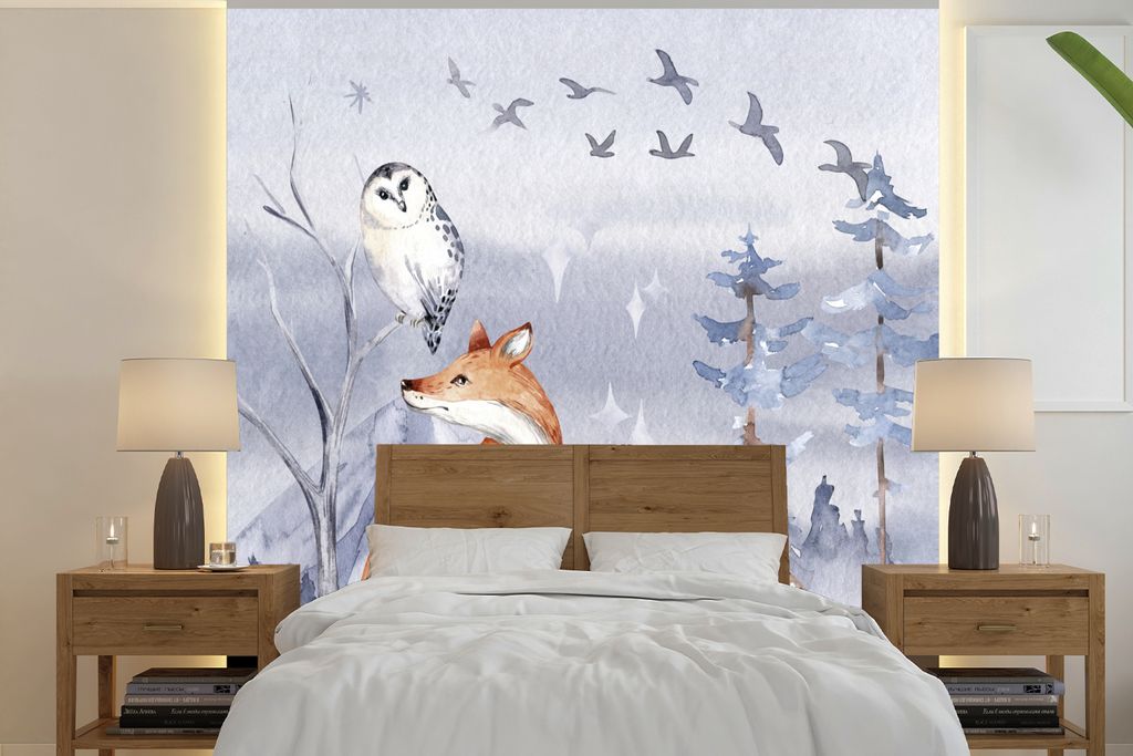 MuchoWow Fototapete für Wohnzimmer oder Schlafzimmer Wandtapete Vinyl Motivtapete Fuchs - Winter - Gemälde - 240x240 cm - Schlafzimmer-Tapete